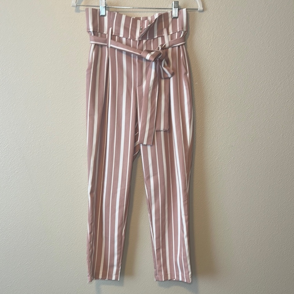 Impressions Pink and White Cropped Striped Pants